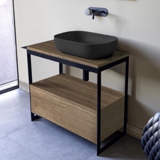 Console Bathroom Vanity Console Sink Vanity With Matte Black Vessel Sink and Natural Brown Oak Drawer, 35